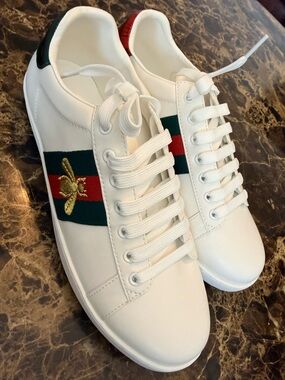 GG Collection White Sneakers with Green and Red Web and Gold Bee Emblem